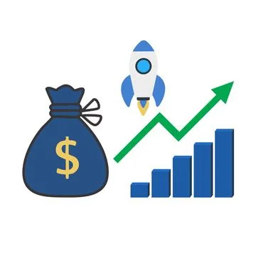 Financial report graph with exponential arrow from flying rocket Illustrazione stock