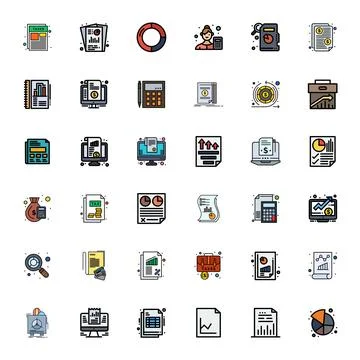 Financial Report Scalable Vector Set featuring 36 Pixel Optimized Flat Line.. Stock Illustration