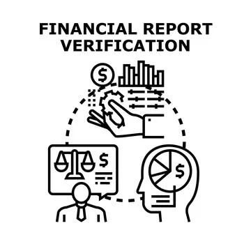 Financial report verification process assessing business data Stock Illustration