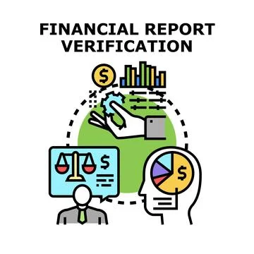 Financial report verification process assessing business data Stock Illustration