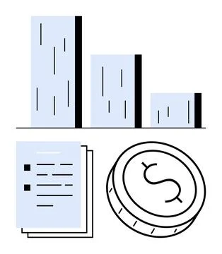 Financial Report Visualization with Bar Chart, Documents, and Dollar Coin Stock Illustration