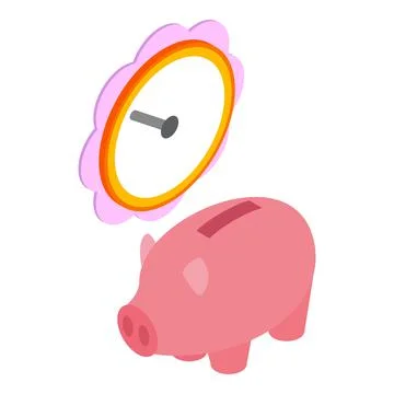 Financial saving icon isometric vector. Pink round wall clock and piggy bank Stock Illustration