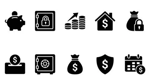 Financial savings and security vector icons. concepts of piggy bank, locked.. イラスト素材