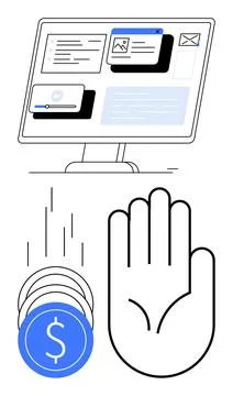 Financial Savings Concept with Computer Screen, Hand Gesture, and Falling C.. Stock-Illustration