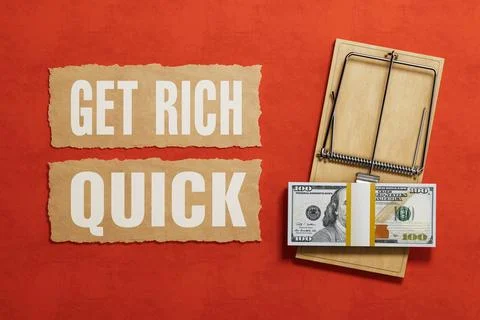 Financial Scam Concept. Mouse Trap With Dollar Bills Next To Get Rich Quick.. Stock Illustration