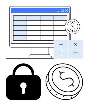 Financial Security and Calculation Concept with Spreadsheet, Lock, Coin, an.. 스톡 일러스트