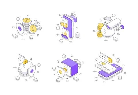 Financial Security And Secure Banking Isometric Vector Illustration Icon Set イラスト素材