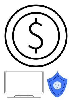 Financial Security Concept with Dollar Symbol, Computer Screen, and Shield Ic Stock Illustration