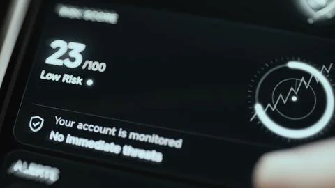 Financial security dashboard reports a 23 out of 100 low risk score 库存照片
