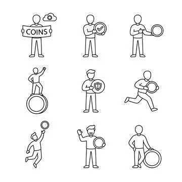 Financial security icons set, line style, people holding coins and shields,.. Stock Illustration