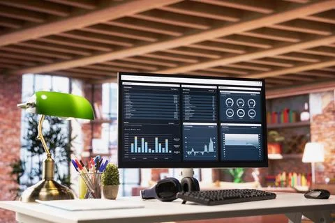 Financial software UI on PC screen on apartment office desk Stock Photos