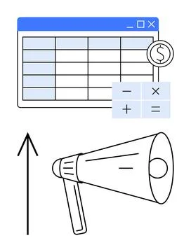 Financial Spreadsheet Analysis with Calculator and Growth Arrow, Amplificat.. Stock Illustration