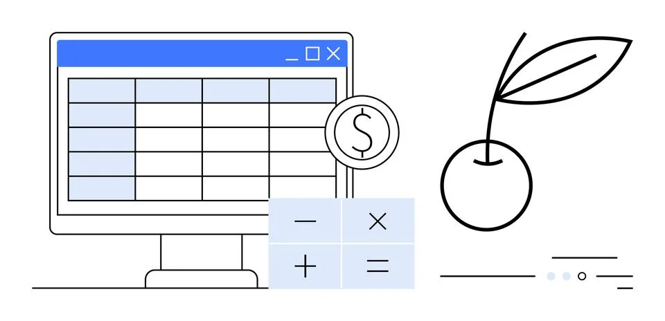 Financial Spreadsheet on Computer with Calculation Icons and Cherry Symbol Stock Illustration