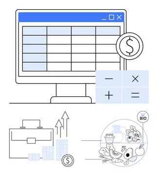 Financial spreadsheet on computer with calculator, briefcase with rising grap Stock Illustration