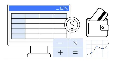 Financial Spreadsheet on Computer Screen with Wallet, Calculator, and Growt.. Stock Illustration