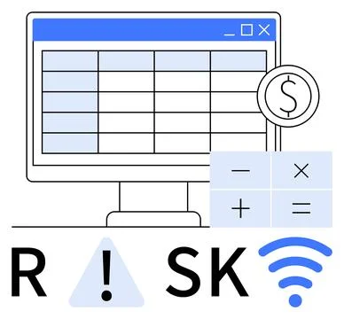 Financial spreadsheet displayed on a computer screen, calculator with basic o Stock Illustration