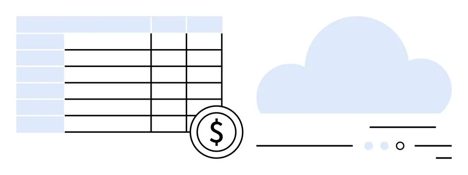 Financial spreadsheet with rows and columns, cloud storage icon, and dollar s Stock Illustration
