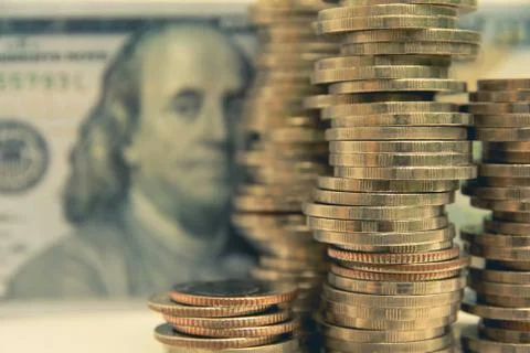 Financial with stack coin and banknote. Financial stock market in accounting  Stock Photos