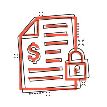 Financial statement icon in comic style. Document with lock cartoon vector il Stock Illustration