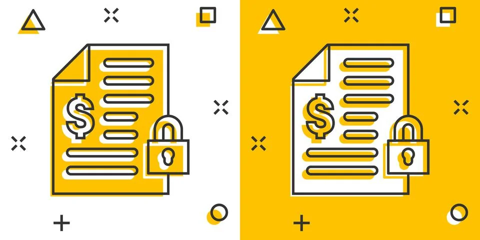 Financial statement icon in comic style. Document with lock cartoon vector il Ilustración de archivo