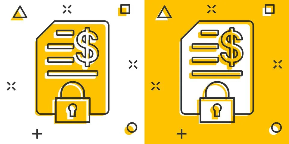 Financial statement icon in comic style. Document with lock cartoon vector il Ilustración de archivo