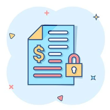 Financial statement icon in comic style. Document with lock cartoon vector il Illustrazione stock