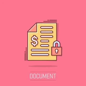 Financial statement icon in comic style. Document with lock cartoon vector .. Stock Illustration