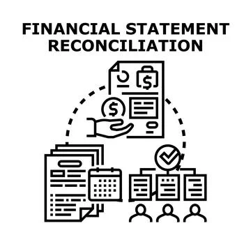 Financial statement reconciliation process with business documents Stock Illustration