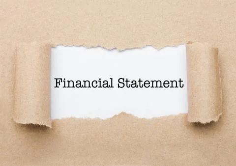 Financial Statement text appearing behind torn brown paper envelope Foto stock