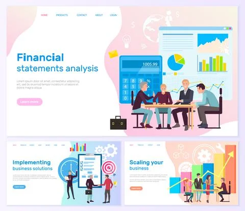 Financial statements analysis, implementing solutions and scaling business Stock Illustration