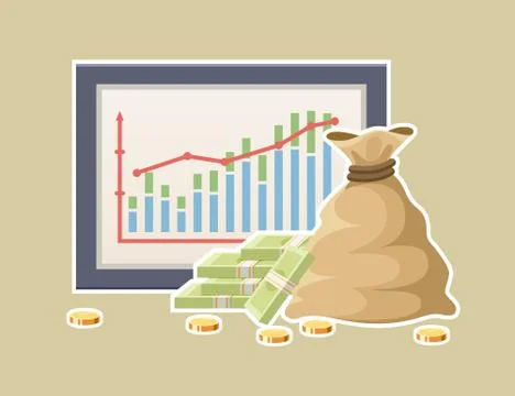 Financial statistics with graph and sack of money 스톡 일러스트