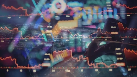 Financial Stock Chart Layered over Night Cityscape Stock Footage 337731830