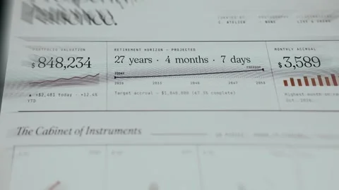 Financial summary document featuring personal retirement forecasting details Stock Footage 335896004