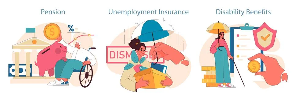 Financial Support Concepts Set. Elderly man treasures his pension savings Stock Illustration