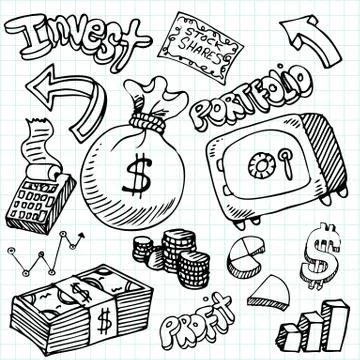 Financial symbol doodle set Stock Illustration