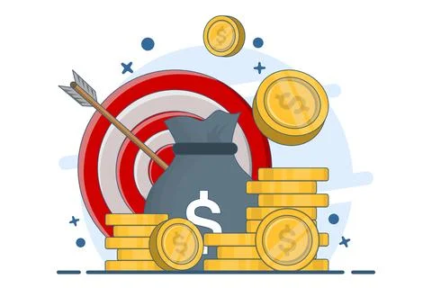 Financial Target Concept, Dart Target with Money Bag and Coin Stack. Stock Illustration