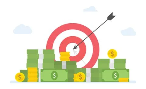 Financial target goals with stack of cash money and gold coin - vector Stockillustratie