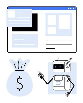 Financial Tech and Web Development Elements with Robot and Money Bag Symbol Stock Illustration