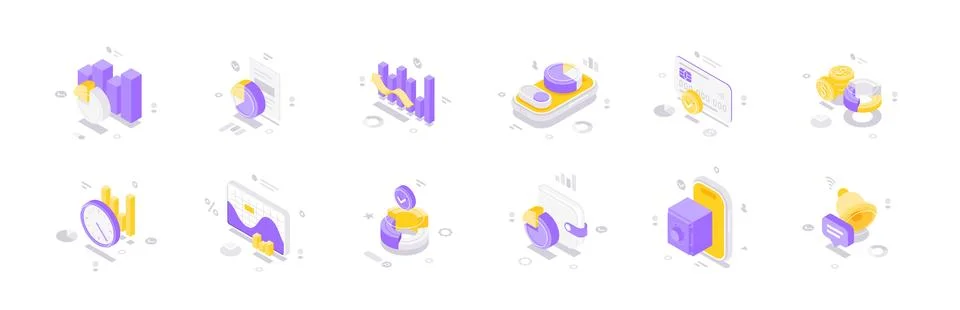 Financial Technology And Data Analysis Isometric Vector Illustration Icon Set Stock Illustration