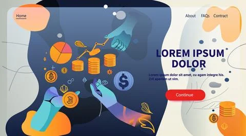 Financial technology concept with hands handling cryptocurrency and coins charts Illustration