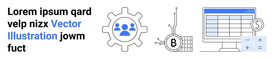 Financial Technology Concept with Teamwork, Cryptocurrency, and Data Analytic Illustrazione stock