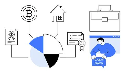 Financial Technology Elements Including Cryptocurrency and Cashback Rewards イラスト素材