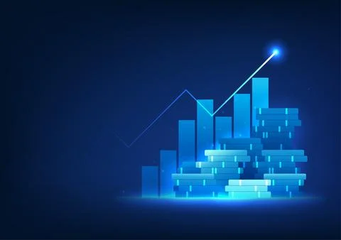 Financial Technology The front of the graph is a pile of coins, showing the.. Stockillustratie