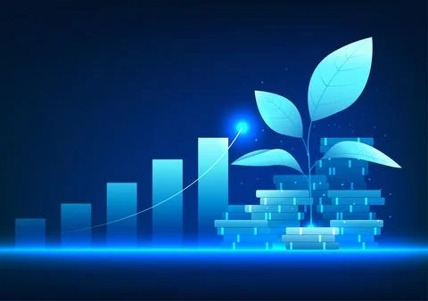 Financial technology In front of the graph is a tree on top of a pile of co.. Stockillustratie