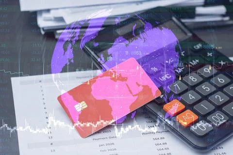 Financial technology with global world map, credit card with chip on a calc.. Stock Photos