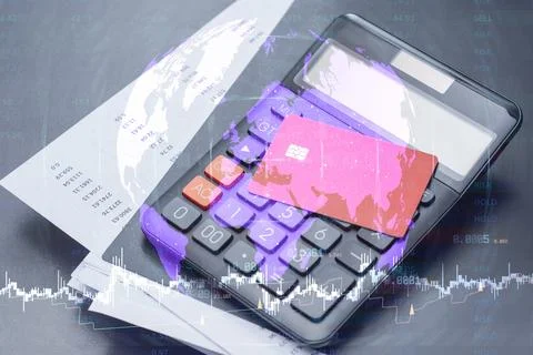 Financial technology with global world map, credit card with chip on a calc.. Stock Photos