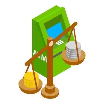 Financial technology icon isometric vector. Atm machine and coin stack on scales Stock Illustration