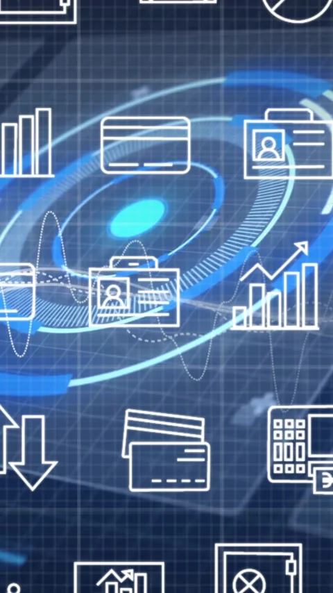 Financial technology icons processing data over digital grid background in Stock Footage 319811044