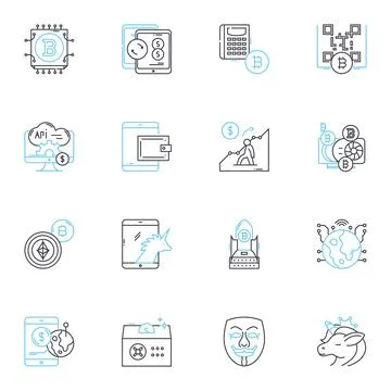 Financial technology startup linear icons set. FinTech, Cryptocurrency Stock Illustration