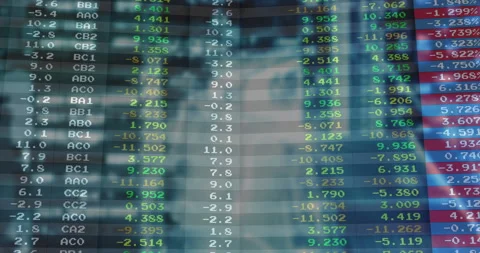 Financial ticker screen showing scrolling alphanumeric codes with colored values Stock Footage 307454287
